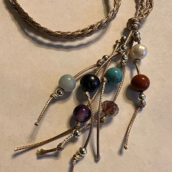 ARTISAN Gemstones and Pearls Braided Tan Cord Tassel Necklace 23 1/2” long - Picture 9 of 14